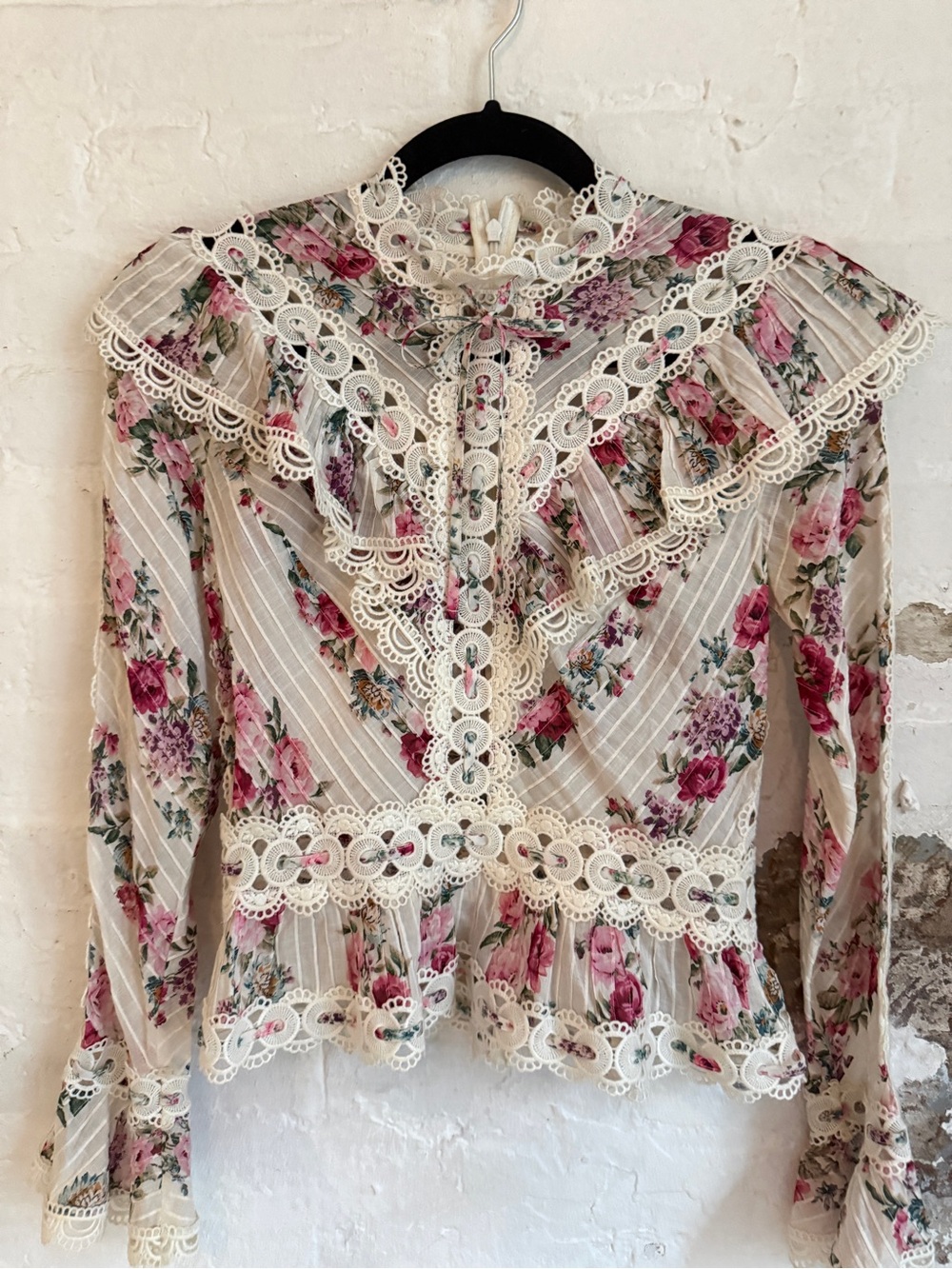Zimmermann RARE Cream Blouse with Pink Floral Lace Trim